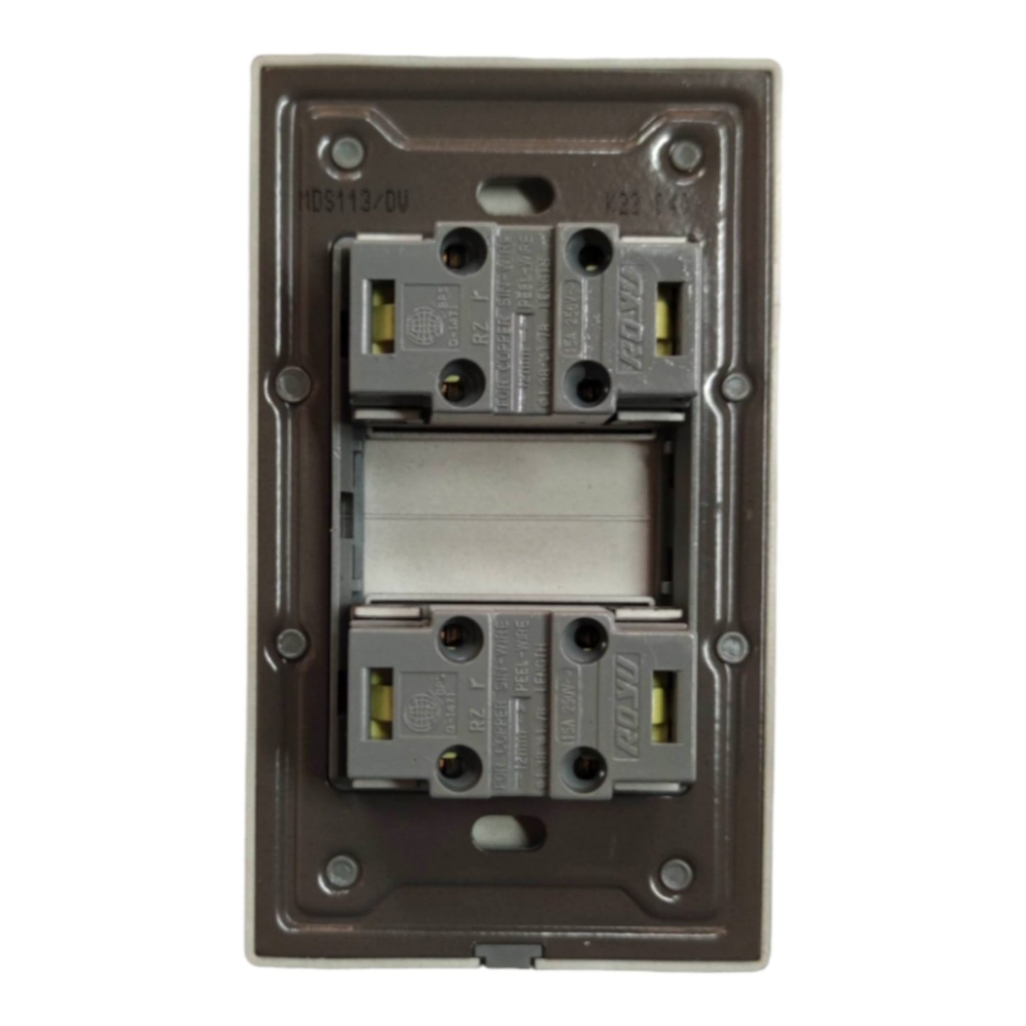 A two-way electrical switch module with two gray contact blocks and a central white spring contact, set within a dark brown metal backplate.
