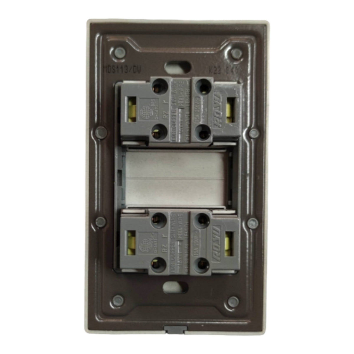 A two-way electrical switch module with two gray contact blocks and a central white spring contact, set within a dark brown metal backplate.