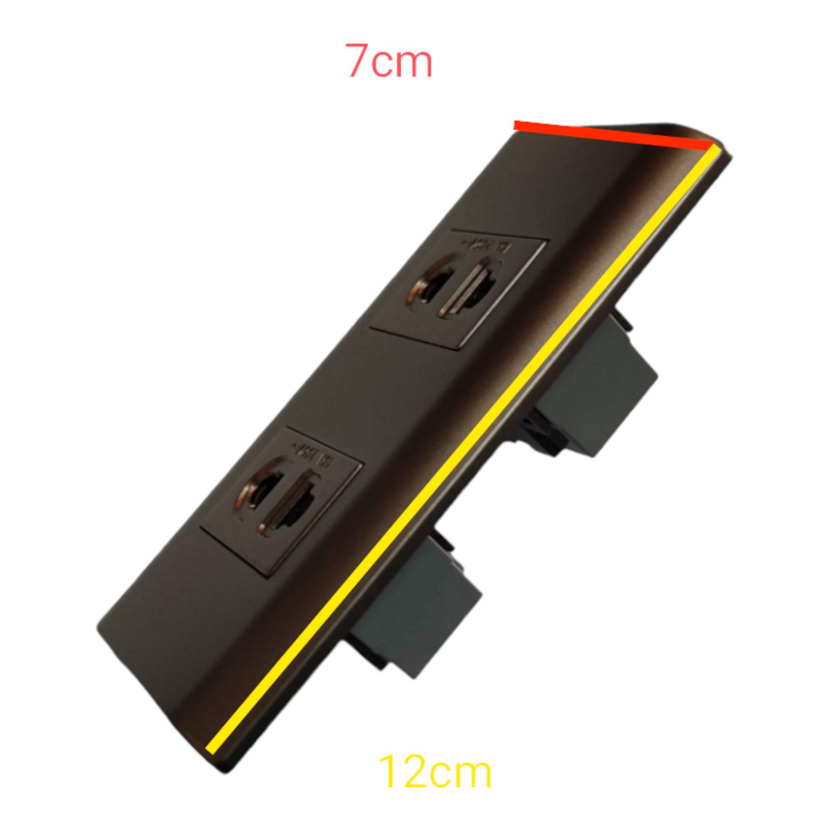 A dark brown dual GFCI outlet panel shown at an angle on a white background, with red and yellow dimension lines and text indicating 7cm width and 12cm depth.