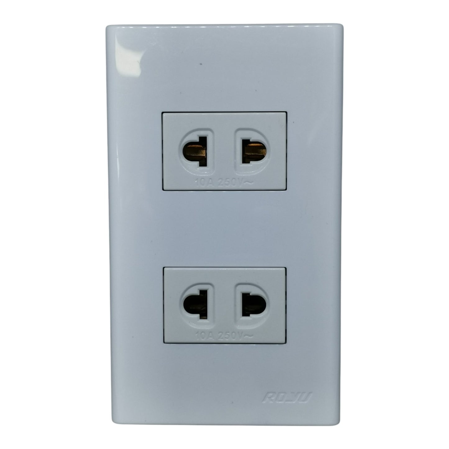 A white double electrical outlet panel with two standard US outlets, featuring the ROIU brand name embossed at the bottom right, shown against a plain white background.
