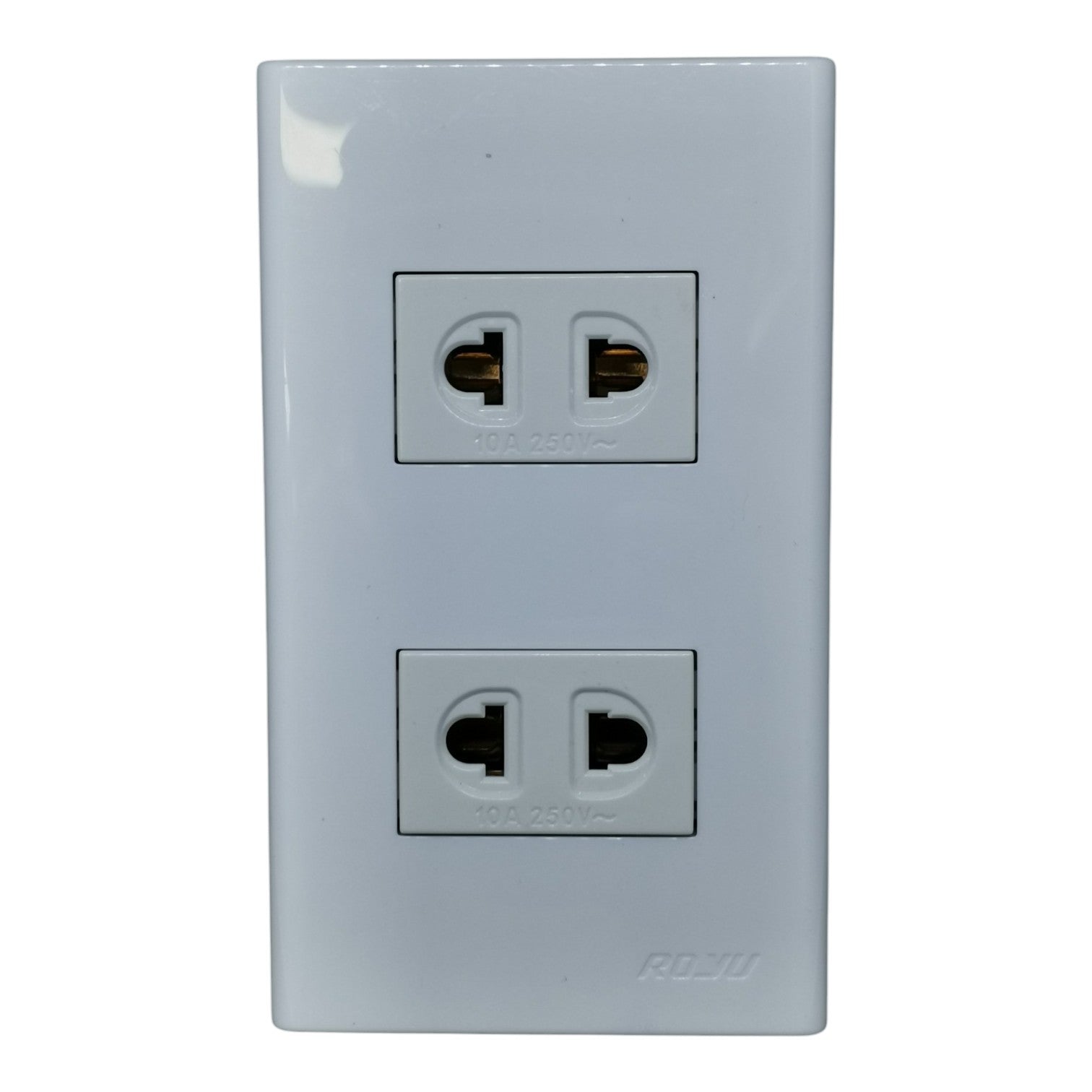 A white double electrical outlet panel with two standard US outlets, featuring the ROIU brand name embossed at the bottom right, shown against a plain white background.