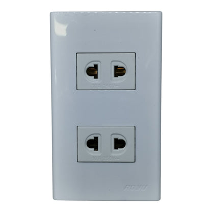 A white double electrical outlet panel with two standard US outlets, featuring the ROIU brand name embossed at the bottom right, shown against a plain white background.