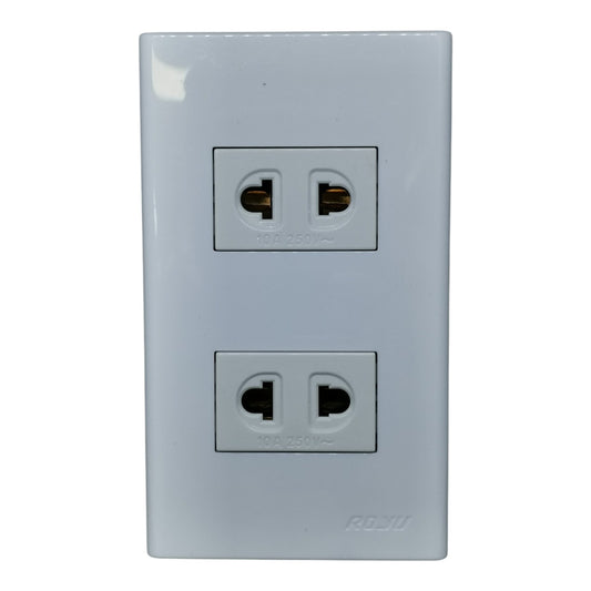 A white double electrical outlet panel with two standard US outlets, featuring the ROIU brand name embossed at the bottom right, shown against a plain white background.