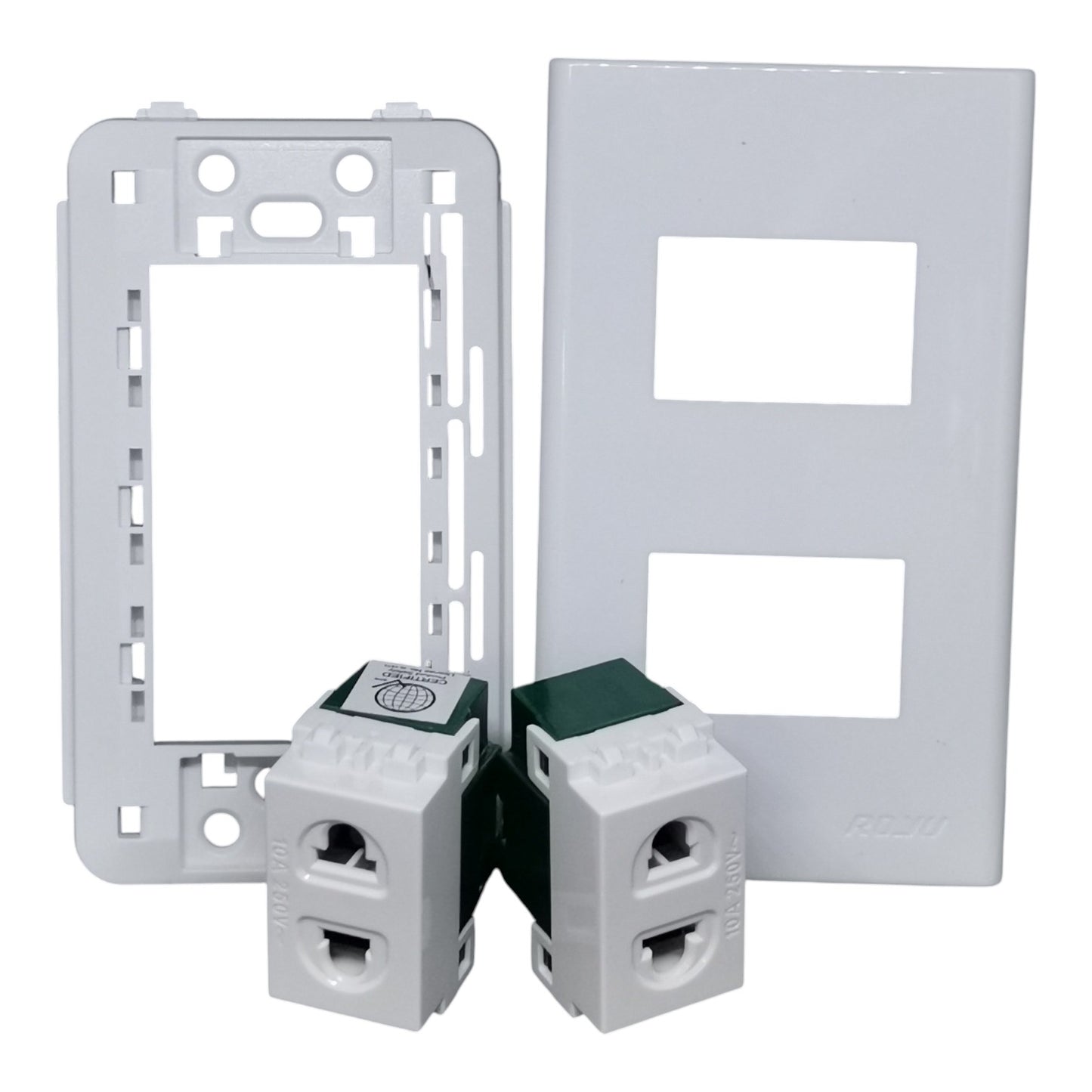 White electrical wall switch and outlet components on a plain white background, including a double-gang switch plate, a double-gang outlet backplate, and two terminal blocks.