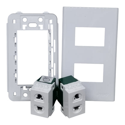White electrical wall switch and outlet components on a plain white background, including a double-gang switch plate, a double-gang outlet backplate, and two terminal blocks.