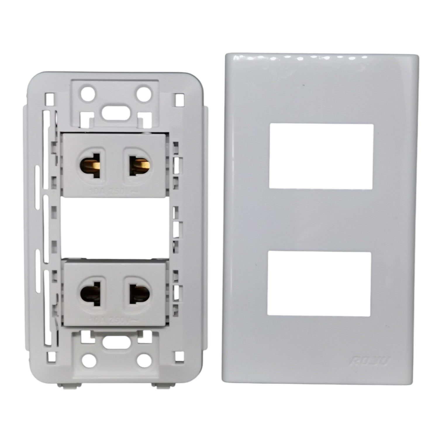 A white double outlet electrical outlet cover plate kit, showing the backplate with two duplex outlets on the left and the matching front plate with two rectangular cutouts on the right.