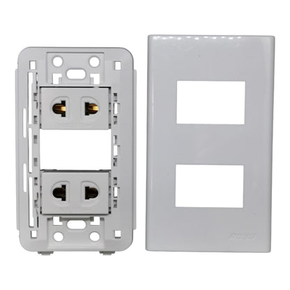 A white double outlet electrical outlet cover plate kit, showing the backplate with two duplex outlets on the left and the matching front plate with two rectangular cutouts on the right.
