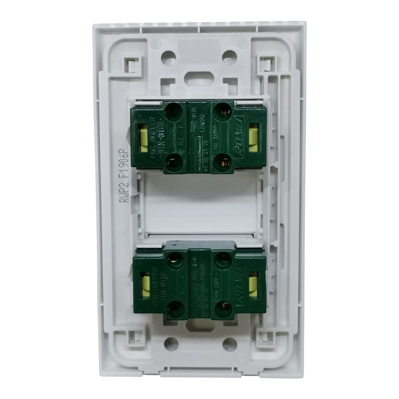 A two-gang modular wall switch plate featuring two green modular terminal blocks with yellow-green screw terminals, set in a white plastic backplate.