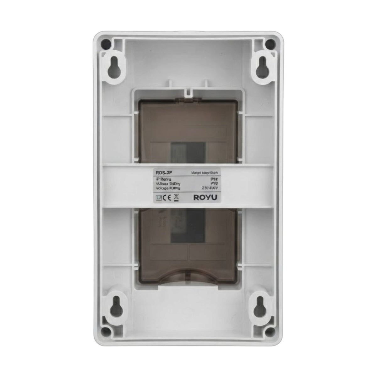 The back view of a white plastic electrical junction box cover with two brown translucent internal components, featuring a central label with the brand name ROYU.