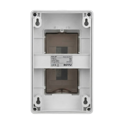 The back view of a white plastic electrical junction box cover with two brown translucent internal components, featuring a central label with the brand name ROYU.