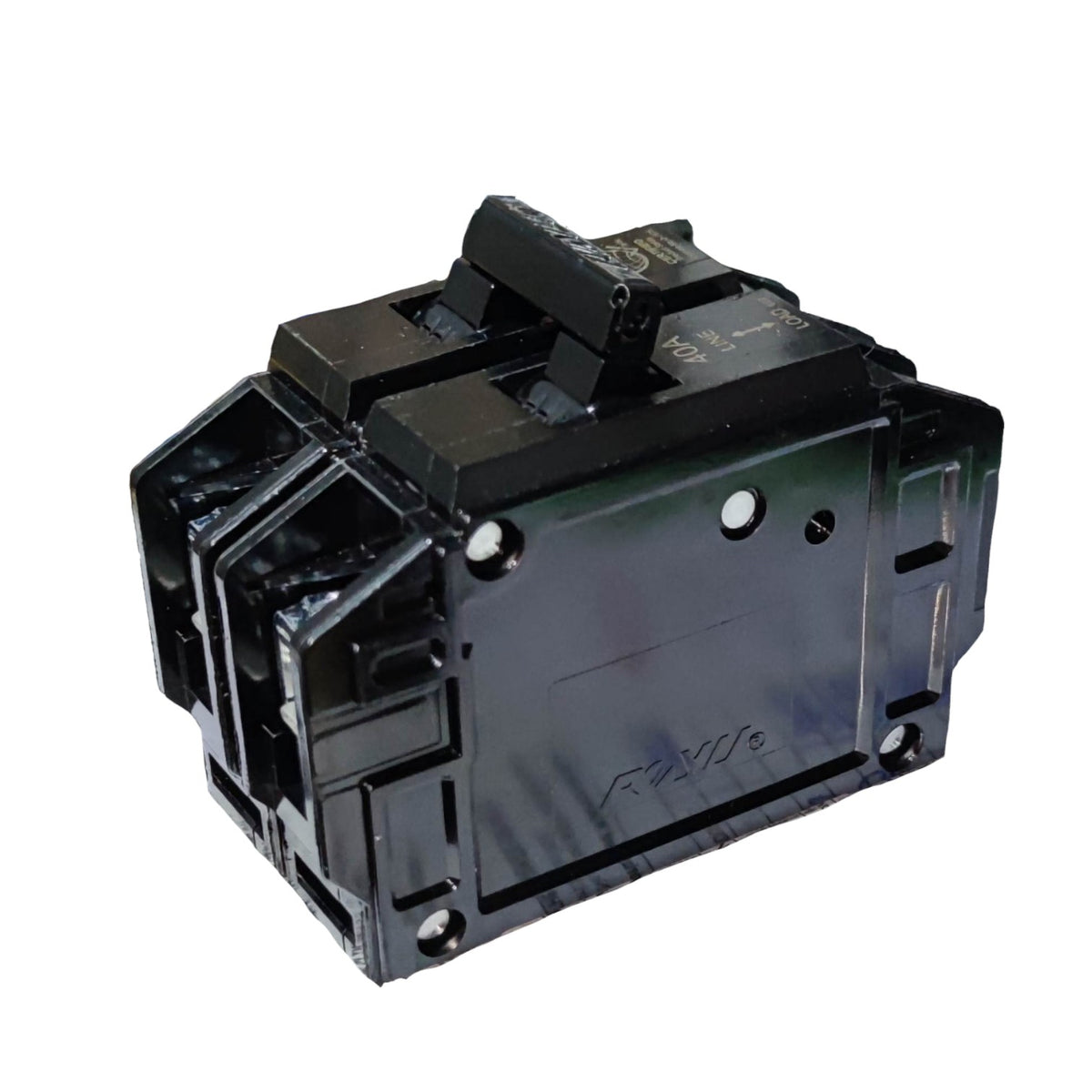 A black electrical circuit breaker with molded plastic housing and a top handle, photographed on a plain white background.