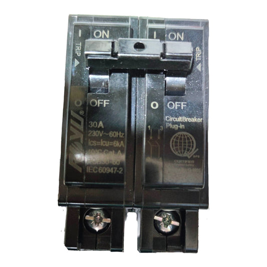 A black plastic two-pole circuit breaker plug-in with visible terminal screws and printed technical specifications on the front, isolated on a white background.