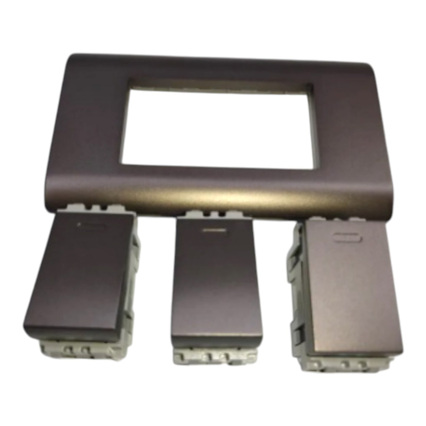 A dark brown metal panel with a rectangular cutout in the top section and three matching rectangular mounting pieces arranged below on a white background.