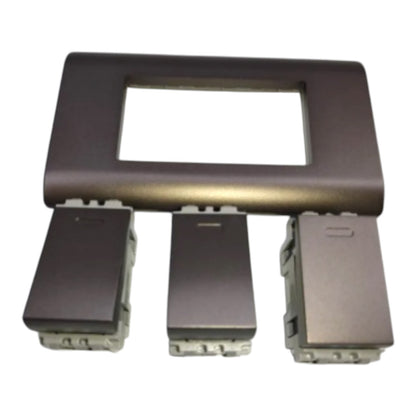 A dark brown metal panel with a rectangular cutout in the top section and three matching rectangular mounting pieces arranged below on a white background.