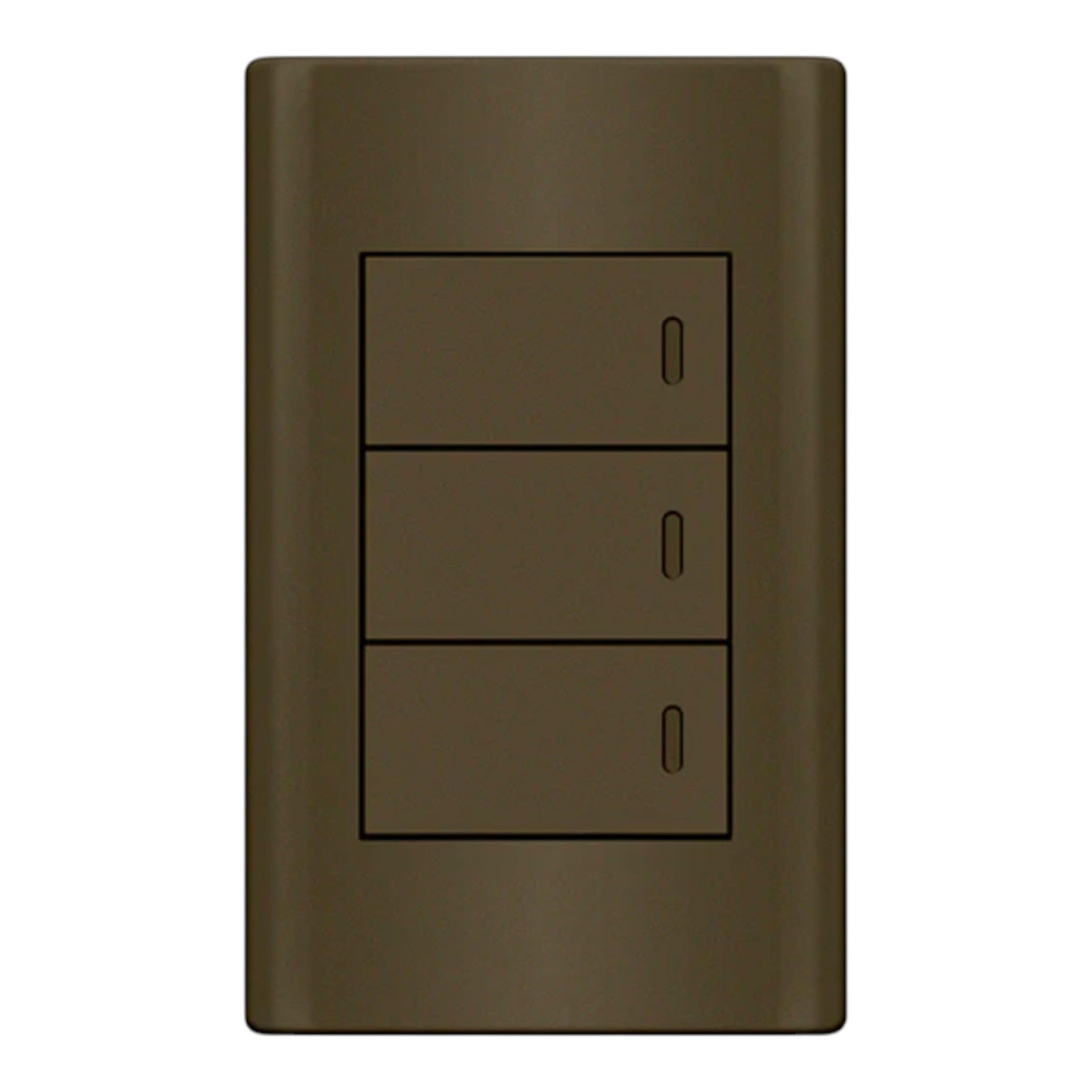 A three-button light switch panel with a dark brown brushed metal finish, isolated on a white background.