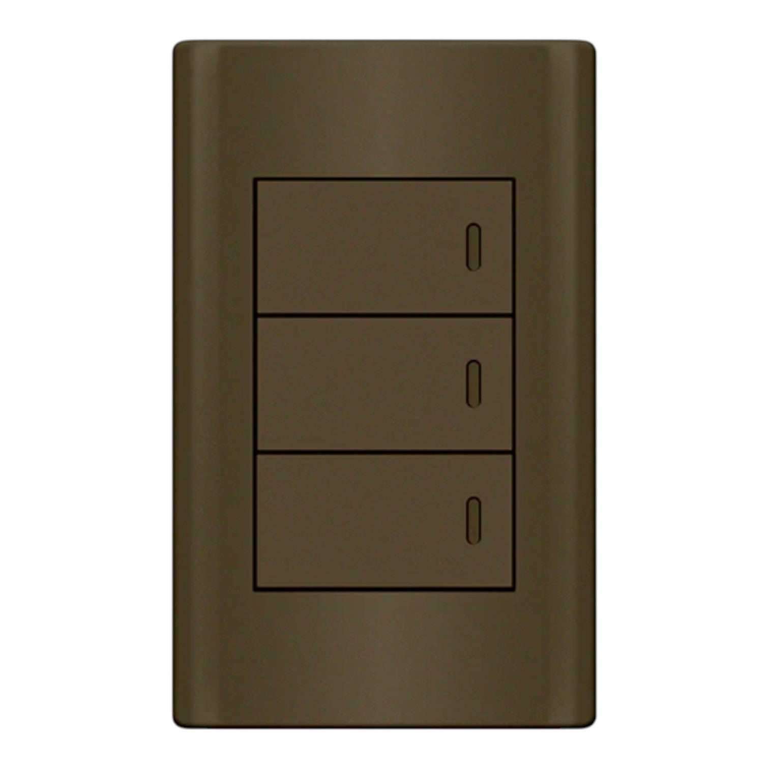 A three-button light switch panel with a dark brown brushed metal finish, isolated on a white background.