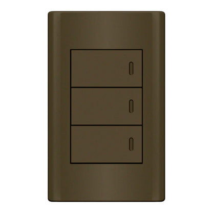 A three-button light switch panel with a dark brown brushed metal finish, isolated on a white background.