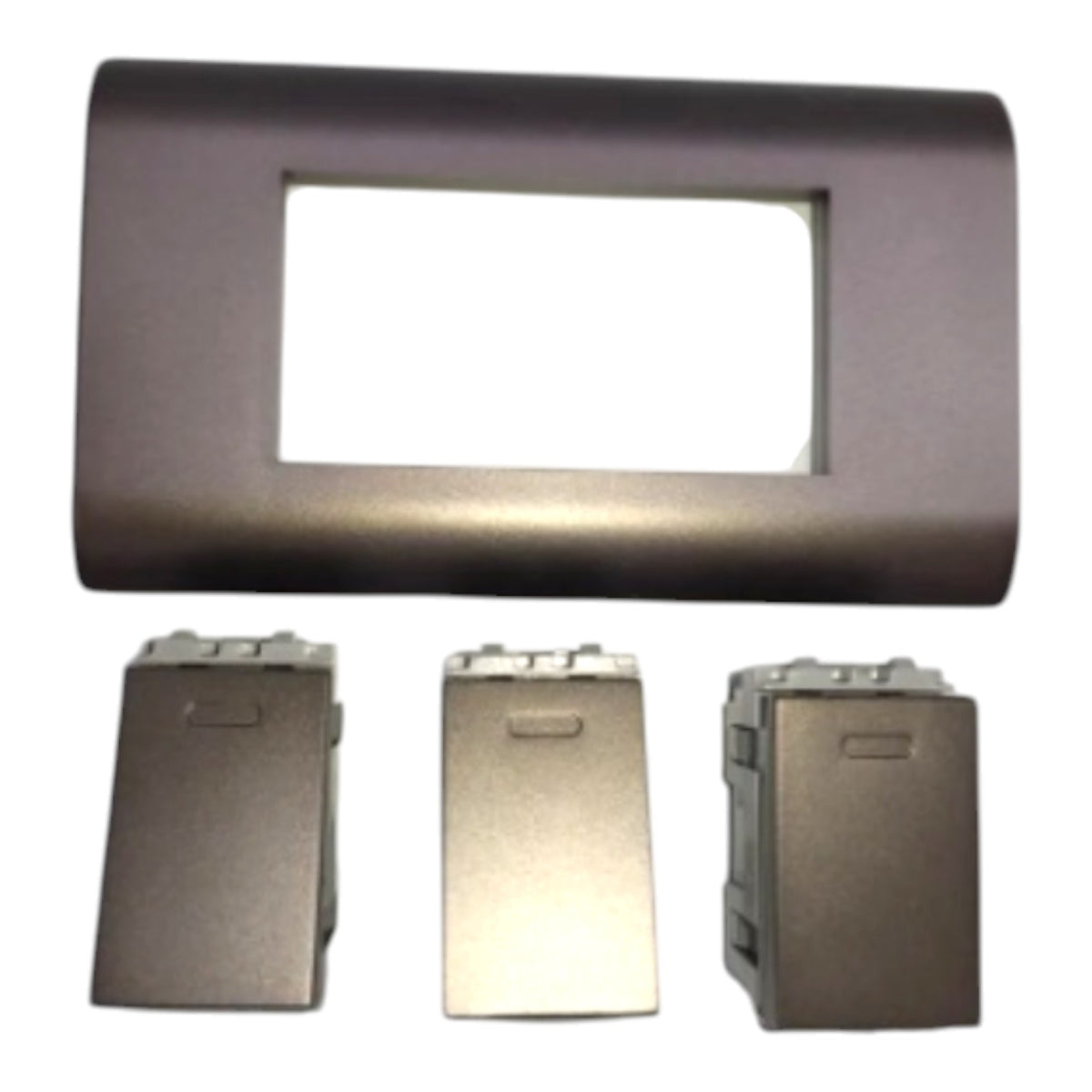 A dark metallic gray electrical panel faceplate with a rectangular cutout, shown above three matching rectangular mounting components on a plain white background.