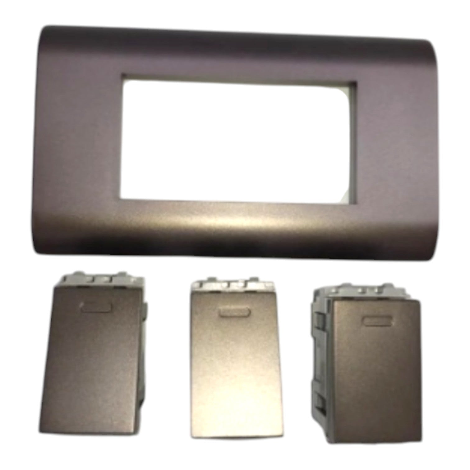 A dark metallic gray electrical panel faceplate with a rectangular cutout, shown above three matching rectangular mounting components on a plain white background.