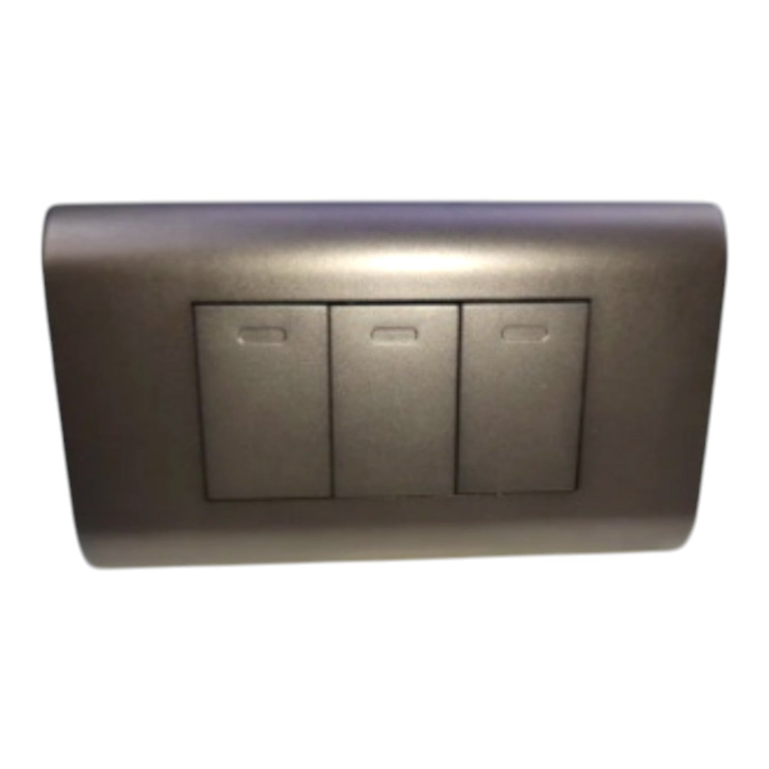 A three-button light switch plate in a dark metallic bronze finish, shown against a plain white background.