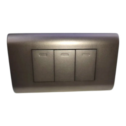 A three-button light switch plate in a dark metallic bronze finish, shown against a plain white background.