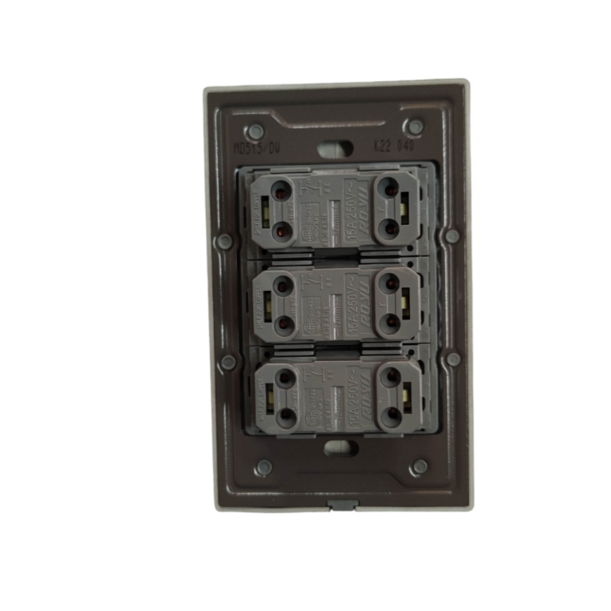 Royu 3 gang 1 way switch showing detailed internal wiring and mounting frame in black background