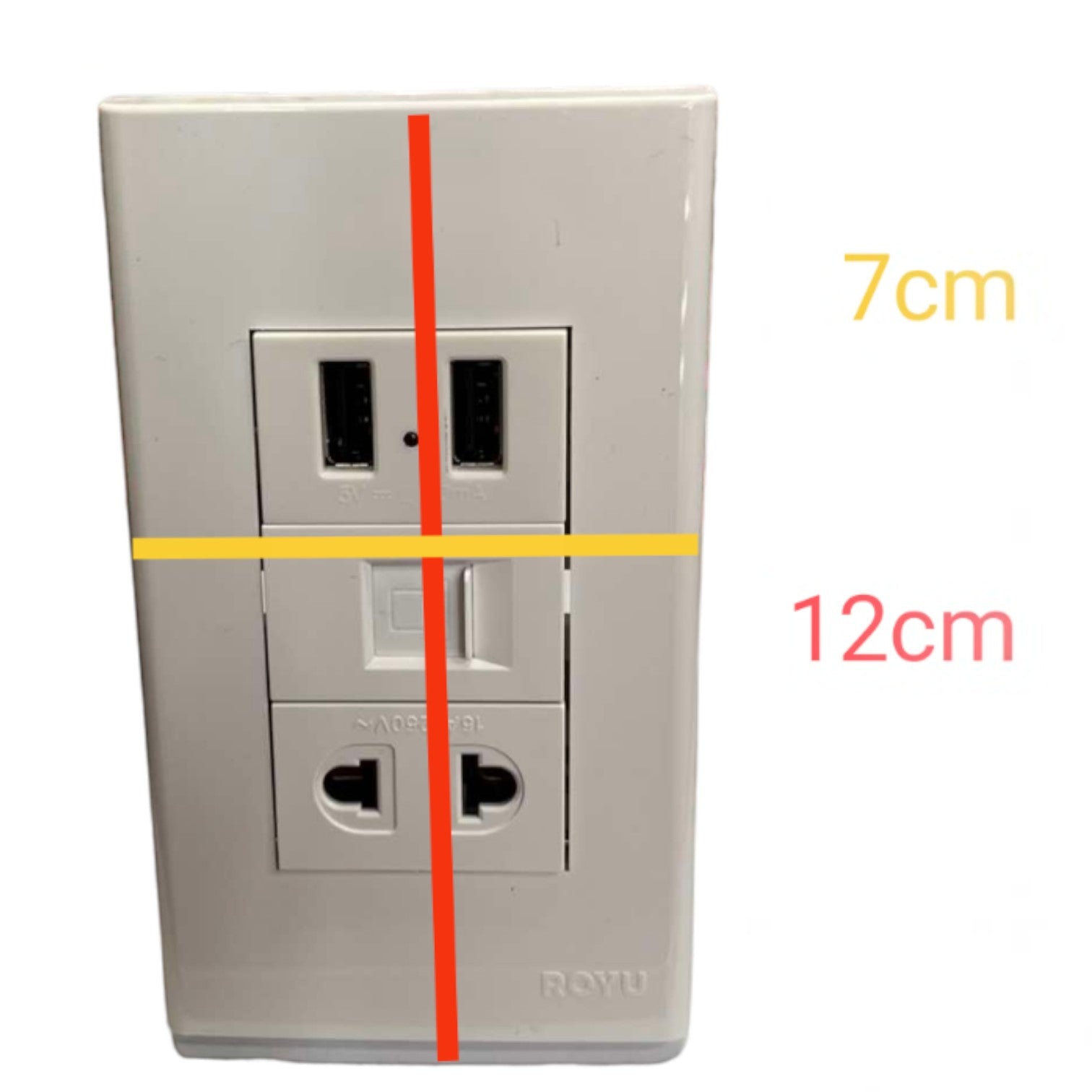 A white wall outlet shown with overlaid dimension lines and text indicating 7 cm height and 12 cm width, on a plain white background.
