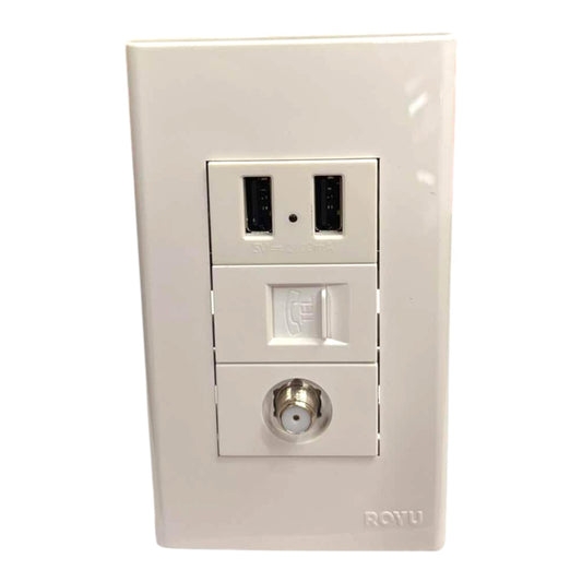 A white ROYu wall outlet adapter featuring a dual USAC-style power strip, a slide switch, and a coaxial cable input on a clean white background.