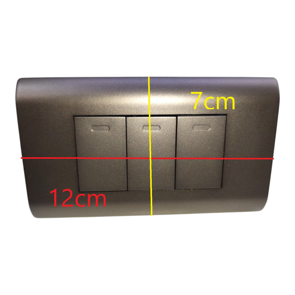 A three-button light switch plate shown on a white background with red, yellow, and black dimension lines and text indicating measurements of 12cm, 7cm, and the plate height.