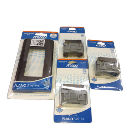 Four packaged piano keybed replacement parts from ROVI PLANO Series, including a large black frame piece and three gray plastic components on a white background.