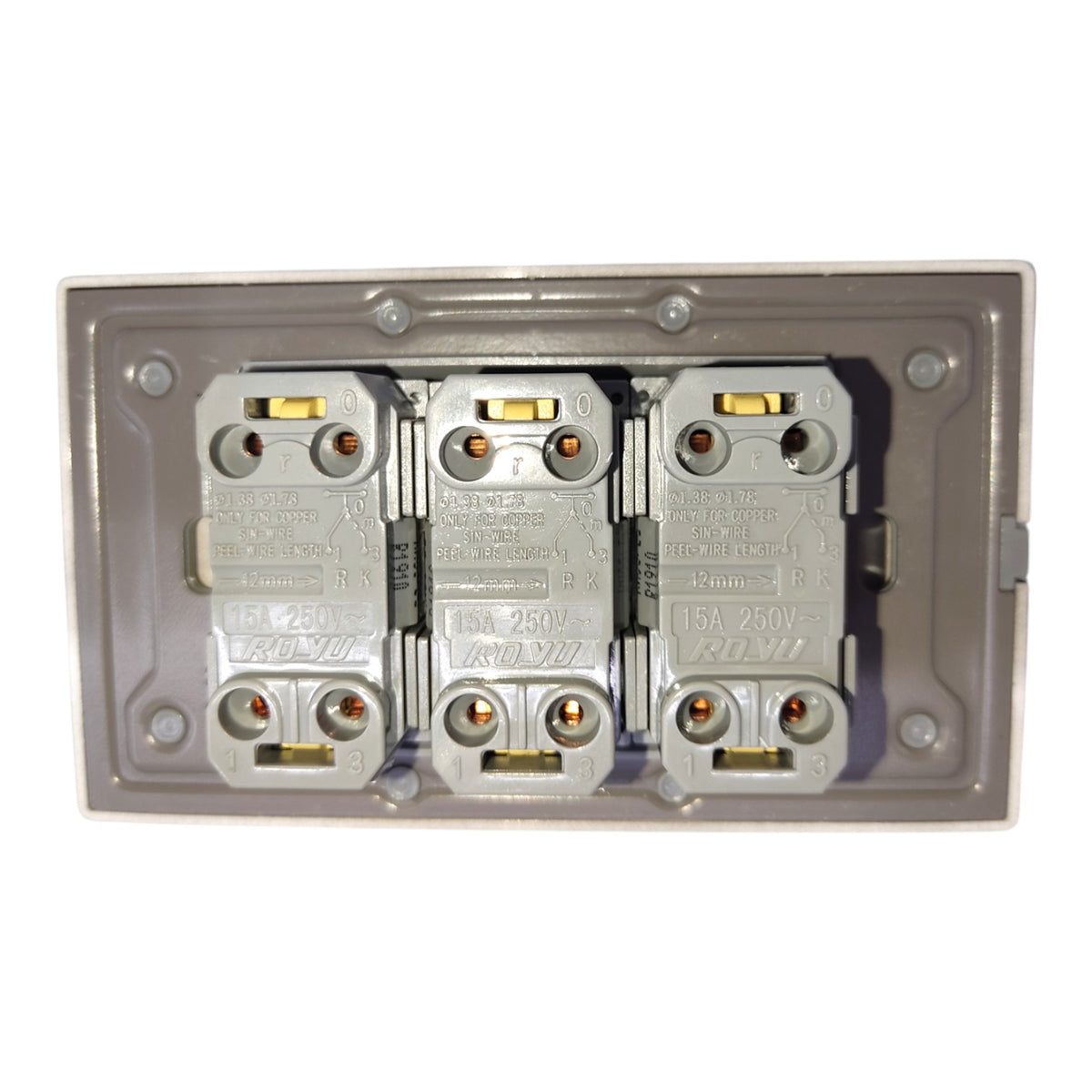 A three-way electrical outlet plate with three molded sockets, featuring a gray plastic outer frame and silver metal internal components.
