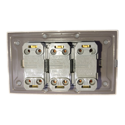 A three-way electrical outlet plate with three molded sockets, featuring a gray plastic outer frame and silver metal internal components.