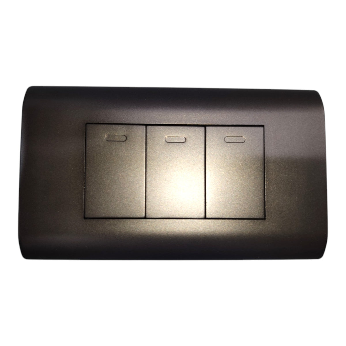 A three-button light switch plate in a dark gunmetal gray finish, shown against a plain white background.