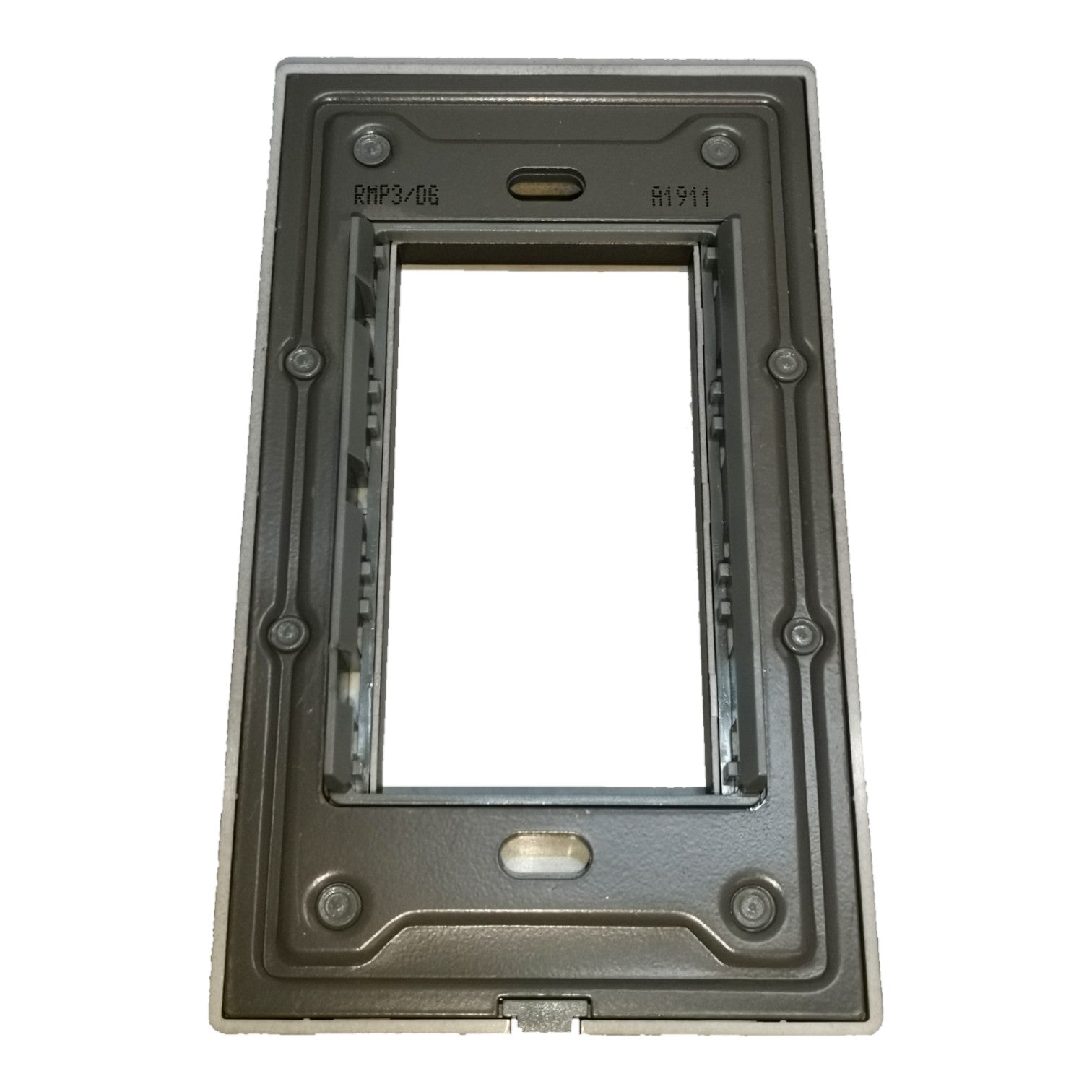 A dark gray plastic electrical outlet cover plate frame, shown from a top-down perspective on a white background.
