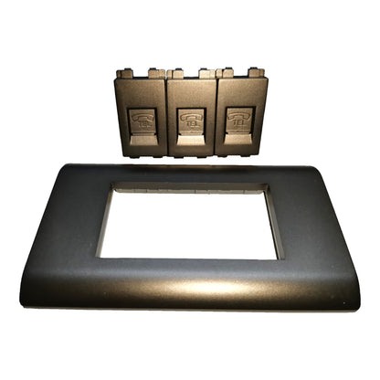 A black rectangular switch panel cover plate shown with three individual switch modules positioned above it on a plain white background.