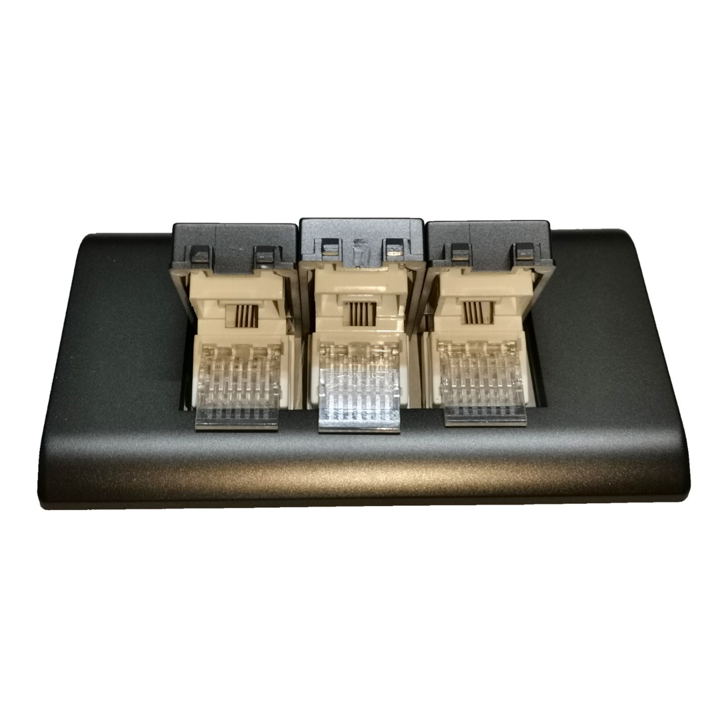 A 3-port RJ45 network module set in a black metal base, shown on a plain white background.