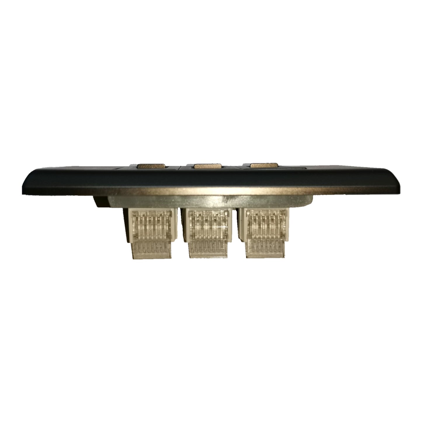 A black rectangular electronic module or switch with three clear plastic connector ports underneath, shown against a plain white background.