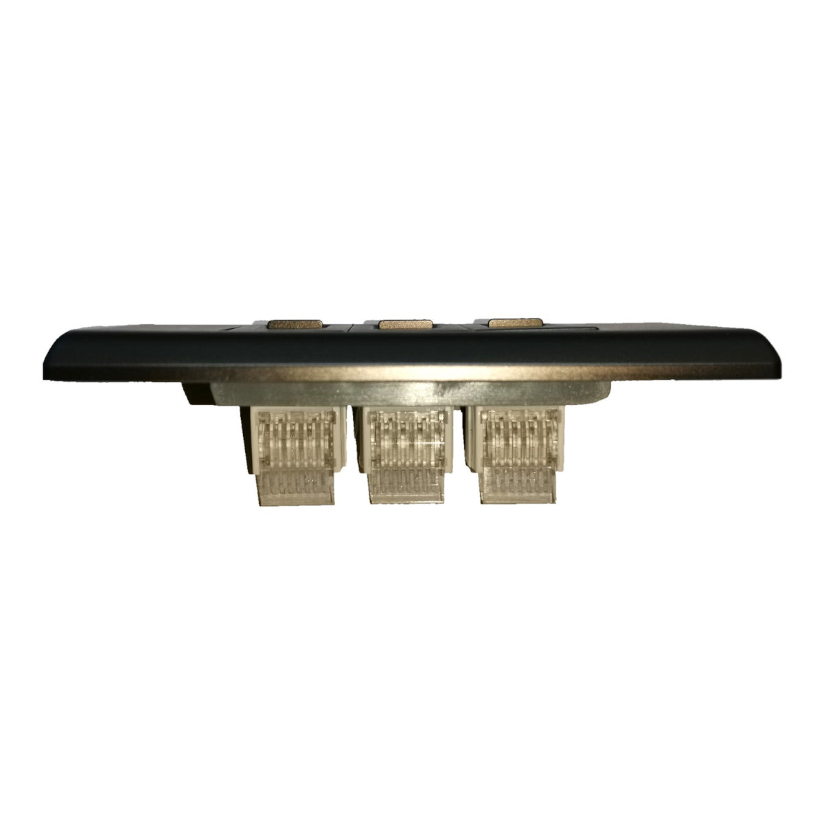 A black rectangular electronic module or switch with three clear plastic connector ports underneath, shown against a plain white background.
