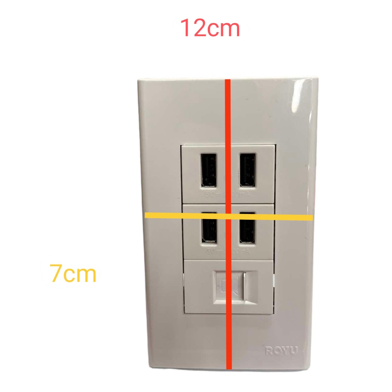 A wall outlet shown on a white background with red and yellow measurement lines and text indicating dimensions 12cm and 7cm. The outlet has a glossy light gray/silver finish and the brand name ROYU is visible at the bottom right.