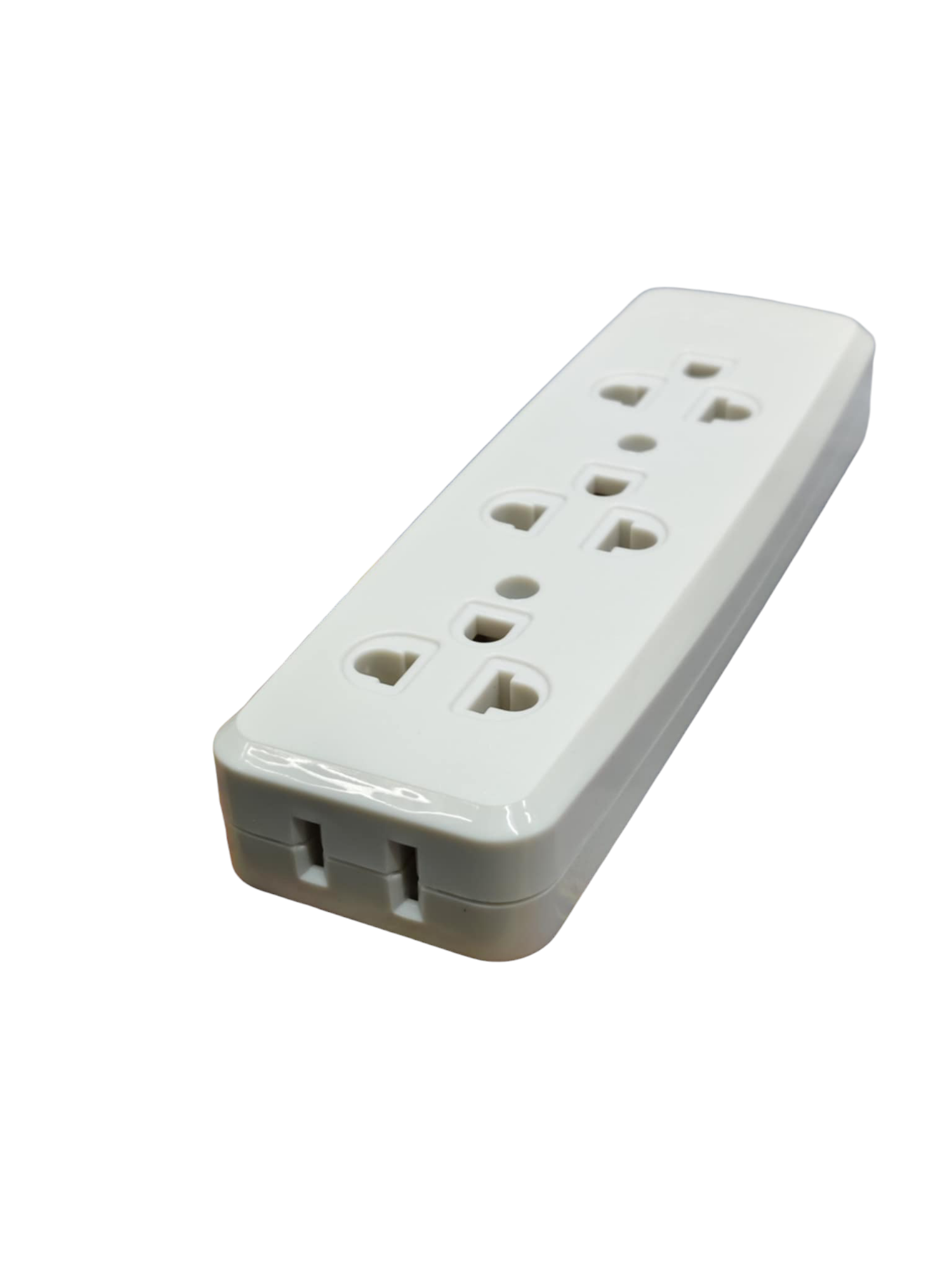 White power strip with multiple sockets on a white background