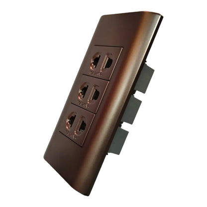 A three-outlet wall power strip with a brushed bronze finish, shown at an angle against a plain white background.