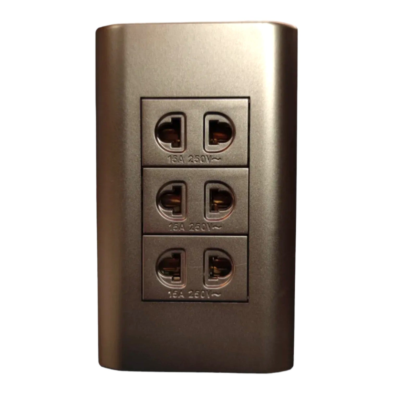 A 4-port 16A 230V wall outlet power strip with a brushed metallic bronze finish, isolated on a white background.