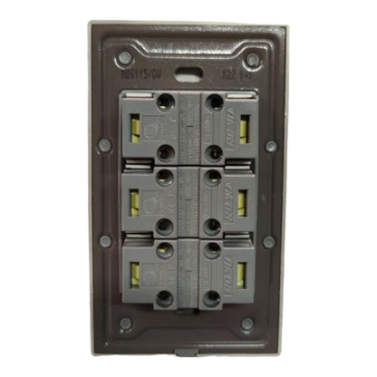 A 4-port double outlet electrical junction box with a dark brown plastic faceplate and gray metal internal components, shown against a plain white background.