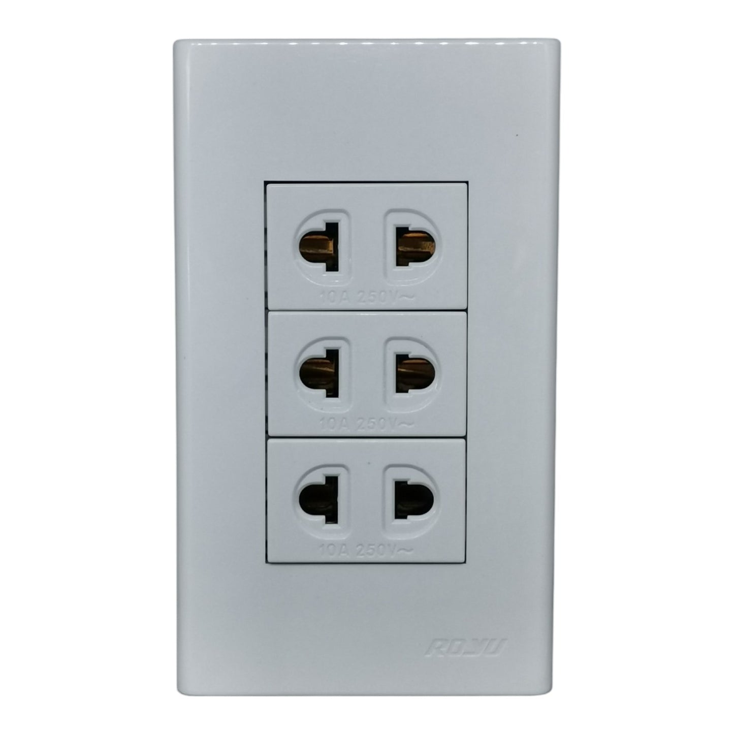 A white three-outlet electrical wall socket panel with a recessed faceplate and visible 'ROKU' branding near the bottom right, shown against a plain white background.