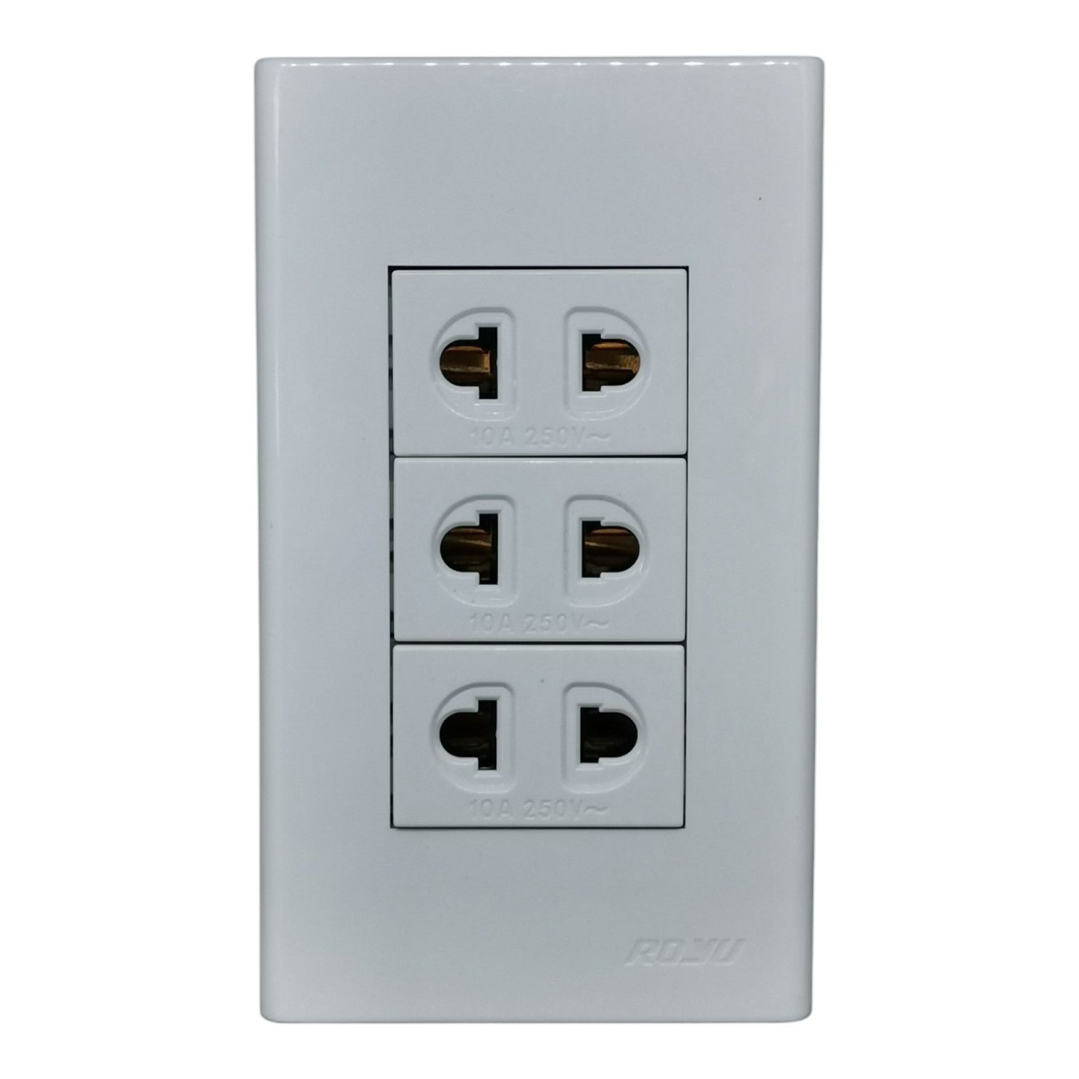 A white three-outlet electrical wall socket panel with a recessed faceplate and visible 'ROKU' branding near the bottom right, shown against a plain white background.