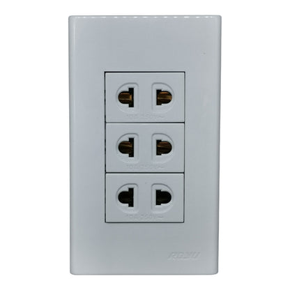 A white three-outlet electrical wall socket panel with a recessed faceplate and visible 'ROKU' branding near the bottom right, shown against a plain white background.