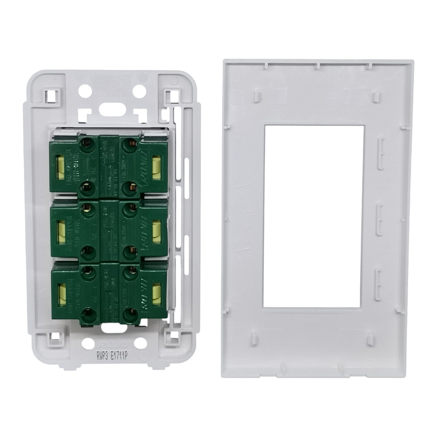 A white plastic double-gang switch plate kit shown disassembled, featuring the backplate with six green terminal blocks on the left and the front plate on the right, set against a plain white background.
