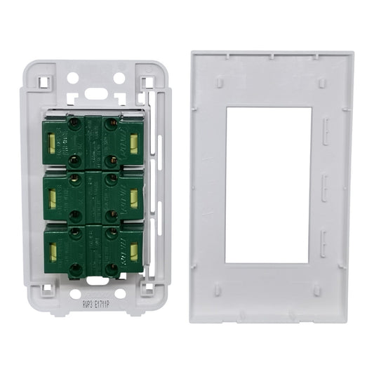 A white plastic double-gang switch plate kit shown disassembled, featuring the backplate with six green terminal blocks on the left and the front plate on the right, set against a plain white background.