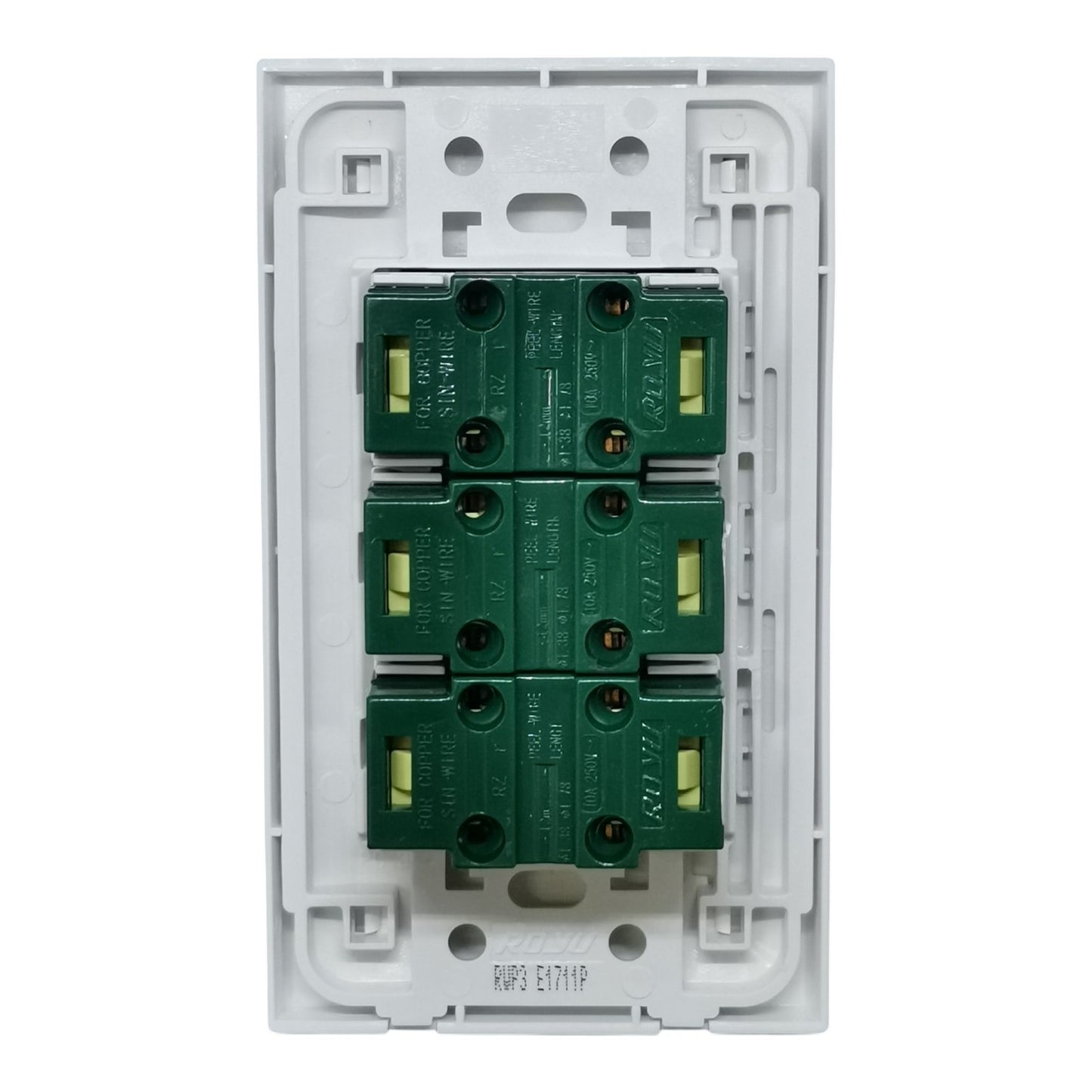 A 4-gang modular electrical distribution module featuring four green terminal blocks with gold-colored screw contacts, set within a white plastic backplate.