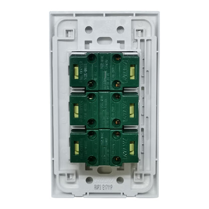 A 4-gang modular electrical distribution module featuring four green terminal blocks with gold-colored screw contacts, set within a white plastic backplate.